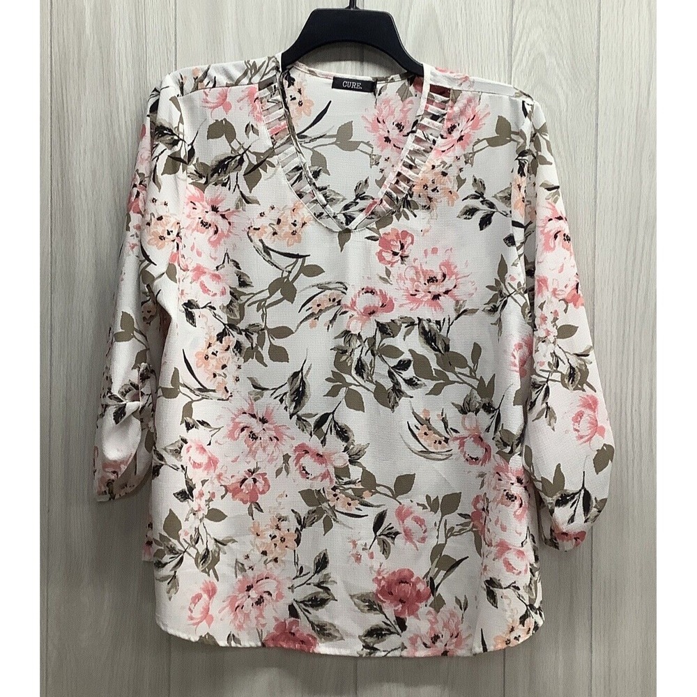 CURE Women's (Size XL) Roll‎ Tab Sleeve V-Neck Floral Shirt Neck Accent